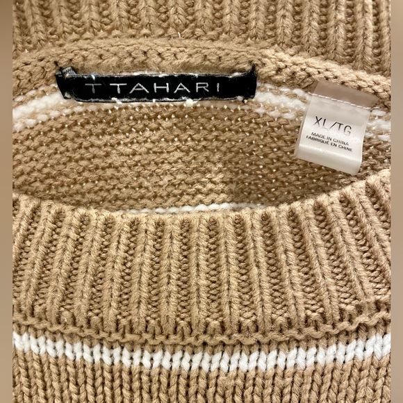 T Tahari Saddle Stripe Long Sleeve Khaki Sweater - Picture 3 of 6